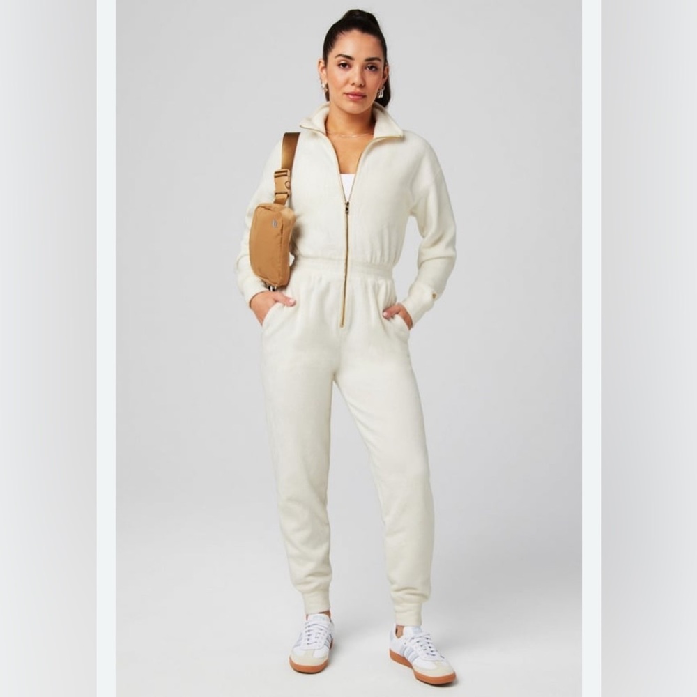 Fabletics Cozy Cord shearling Cream Zip-Up One Piece Soft Jumpsuit size L